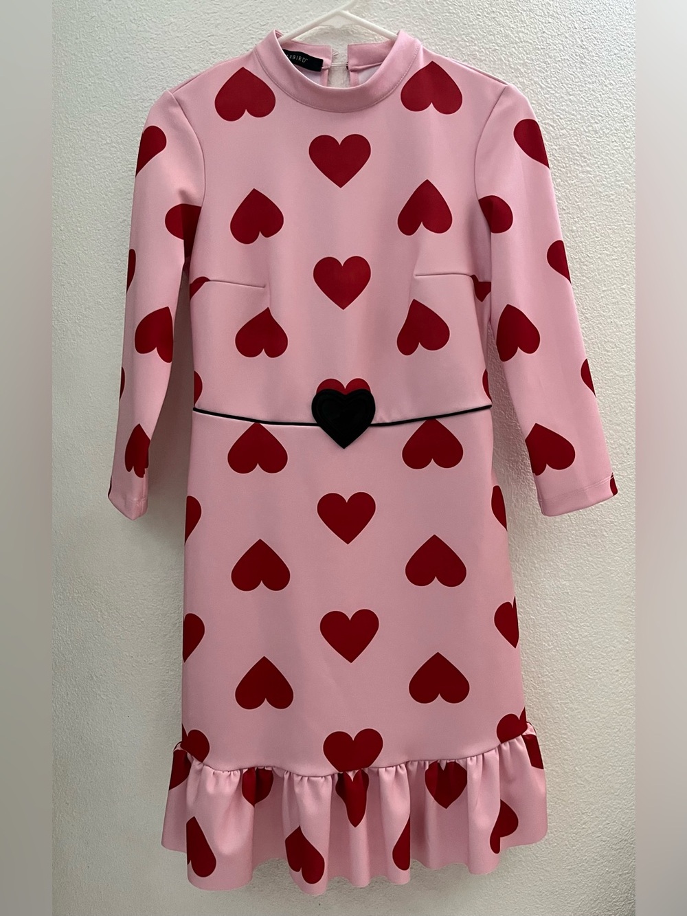 SUGARBIRD -Pink Heart-Print Long Sleeve Dress with Black Heart Waist Accent